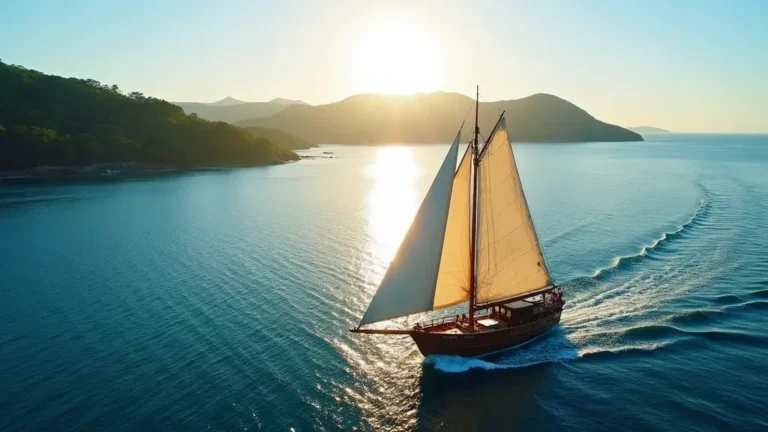 Phinisi sailing calm seas from Bali toward the savanna islands of Komodo National Park at sunrise