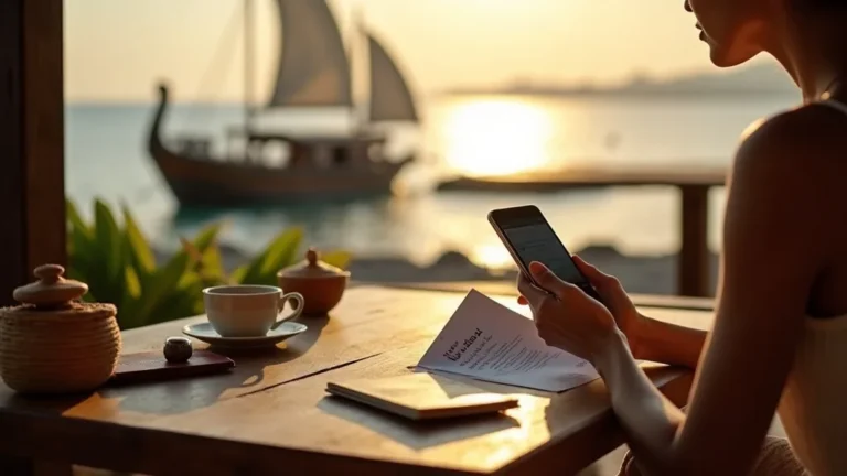 Traveler in Bali verifying a Komodo tour operator's booking details and itinerary before flying to Labuan Bajo, with a phinisi schooner anchored offshore